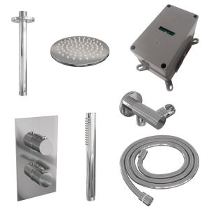 Brauer Carving 5-CE-125 thermostatic concealed rain shower 3-way diverter SET 29 with 20 cm shower head and ceiling arm and rod hand shower and shower hose and wall connector elbow chrome