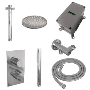 Brauer Carving 5-CE-125 thermostatische inbouw regendouche 3-weg omstelling SET 29 met 20 cm douchekop en plafondarm en staaf handdouche en doucheslang en wandaansluitbocht chroom