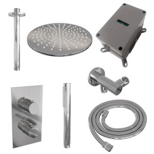 Brauer Carving 5-CE-126 thermostatic concealed rain shower 3-way diverter SET 30 with 30 cm shower head and ceiling arm and rod hand shower and shower hose and wall connector elbow chrome