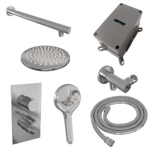 Brauer Carving 5-CE-127 thermostatic concealed rain shower 3-way diverter SET 31 with 20 cm shower head and straight wall arm and 3-position hand shower and shower hose and wall connector elbow chrome