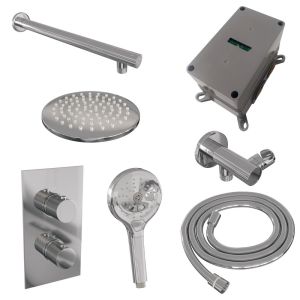 Brauer Carving 5-CE-127 thermostatische inbouw regendouche 3-weg omstelling SET 31 met 20 cm douchekop en rechte muurarm en 3-standen handdouche en doucheslang en wandaansluitbocht chroom