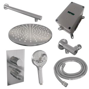 Brauer Carving 5-CE-128 thermostatic concealed rain shower 3-way diverter SET 32 with 30 cm shower head and straight wall arm and 3-position hand shower and shower hose and wall connector elbow chrome