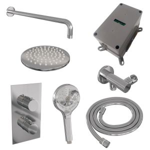 Brauer Carving 5-CE-129 thermostatic concealed rain shower 3-way diverter SET 33 with 20 cm shower head and curved wall arm and 3-position hand shower and shower hose and wall connection elbow chrome