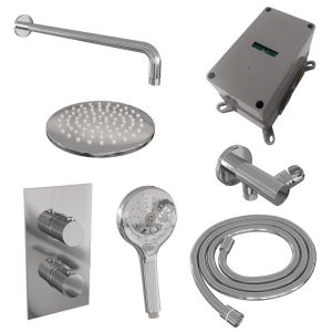 Brauer Carving 5-CE-129 thermostatische inbouw regendouche 3-weg omstelling SET 33 met 20 cm douchekop en gebogen muurarm en 3-standen handdouche en doucheslang en wandaansluitbocht chroom