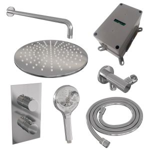 Brauer Carving 5-CE-130 thermostatic concealed rain shower 3-way diverter SET 34 with 30 cm shower head and curved wall arm and 3-position hand shower and shower hose and wall connection elbow chrome