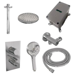 Brauer Carving 5-CE-131 thermostatic concealed rain shower 3-way diverter SET 35 with 20 cm shower head and ceiling arm and 3-position hand shower and shower hose and wall connector elbow chrome