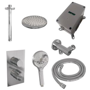 Brauer Carving 5-CE-131 thermostatische inbouw regendouche 3-weg omstelling SET 35 met 20 cm douchekop en plafondarm en 3-standen handdouche en doucheslang en wandaansluitbocht chroom