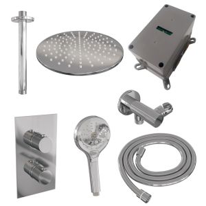 Brauer Carving 5-CE-132 thermostatic concealed rain shower 3-way diverter SET 36 with 30 cm shower head and ceiling arm and 3-position hand shower and shower hose and wall connector elbow chrome