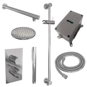 Brauer Carving 5-CE-133 thermostatische inbouw regendouche 3-weg omstelling SET 37 met 20 cm douchekop en rechte muurarm en staaf handdouche en doucheslang en geïntegreerde glijstang chroom