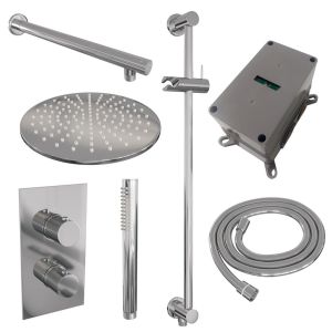 Brauer Carving 5-CE-134 thermostatic concealed rain shower 3-way diverter SET 38 with 30 cm shower head and straight wall arm and rod hand shower and shower hose and integrated sliding bar chrome