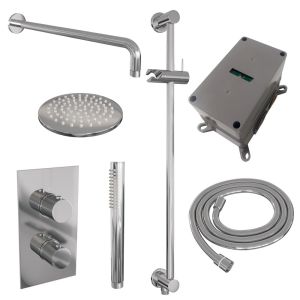 Brauer Carving 5-CE-135 thermostatic concealed rain shower 3-way diverter SET 39 with 20 cm shower head and curved wall arm and rod hand shower and shower hose and integrated sliding bar chrome
