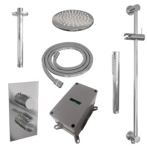 Brauer Carving 5-CE-137 thermostatic concealed rain shower 3-way diverter SET 41 with 20 cm shower head and ceiling arm and rod hand shower and shower hose and integrated sliding bar chrome