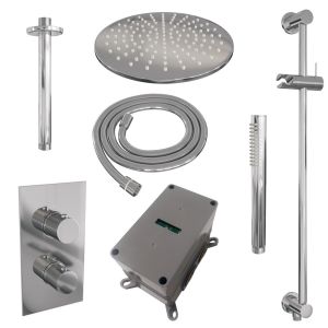 Brauer Carving 5-CE-138 thermostatic concealed rain shower 3-way diverter SET 42 with 30 cm shower head and ceiling arm and rod hand shower and shower hose and integrated sliding bar chrome