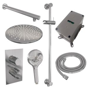 Brauer Carving 5-CE-140 thermostatic concealed rain shower 3-way diverter SET 44 with 30 cm shower head and straight wall arm and 3-position hand shower and shower hose and integrated sliding bar chrome