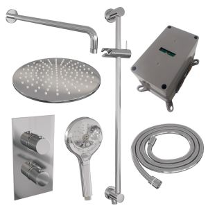 Brauer Carving 5-CE-142 thermostatic concealed rain shower 3-way diverter SET 46 with 30 cm shower head and curved wall arm and 3-position hand shower and shower hose and integrated sliding bar chrome