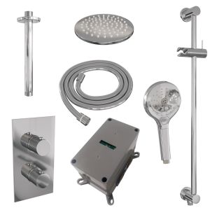 Brauer Carving 5-CE-143 thermostatic concealed rain shower 3-way diverter SET 47 with 20 cm shower head and ceiling arm and 3-position hand shower and shower hose and integrated sliding bar chrome