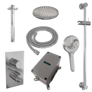 Brauer Carving 5-CE-143 thermostatische inbouw regendouche 3-weg omstelling SET 47 met 20 cm douchekop en plafondarm en 3-standen handdouche en doucheslang en geïntegreerde glijstang chroom