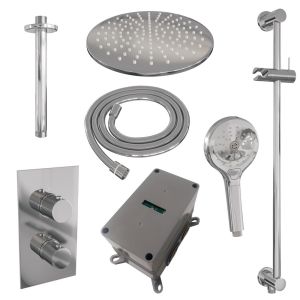 Brauer Carving 5-CE-144 thermostatic concealed rain shower 3-way diverter SET 48 with 30 cm shower head and ceiling arm and 3-position hand shower and shower hose and integrated sliding bar chrome