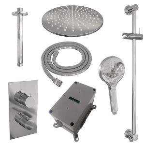 Brauer Carving 5-CE-144 thermostatische inbouw regendouche 3-weg omstelling SET 48 met 30 cm douchekop en plafondarm en 3-standen handdouche en doucheslang en geïntegreerde glijstang chroom