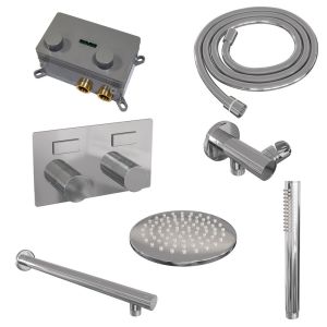 Brauer Carving 5-CE-184 thermostatic concealed rain shower with push buttons SET 49 with 20 cm shower head and straight wall arm and rod hand shower and shower hose and wall connection elbow chrome