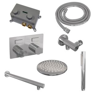 Brauer Carving 5-CE-184 thermostatische inbouw regendouche met drukknoppen SET 49 met 20 cm douchekop en rechte muurarm en staaf handdouche en doucheslang en wandaansluitbocht chroom