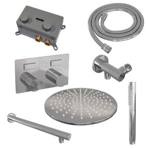 Brauer Carving 5-CE-185 thermostatic concealed rain shower with push buttons SET 50 with 30 cm shower head and straight wall arm and rod hand shower and shower hose and wall connection elbow chrome
