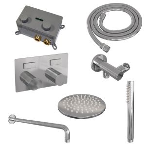 Brauer Carving 5-CE-186 thermostatic concealed rain shower with push buttons SET 51 with 20 cm shower head and curved wall arm and rod hand shower and shower hose and wall connector elbow chrome