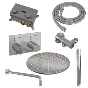 Brauer Carving 5-CE-187 thermostatic concealed rain shower with push buttons SET 52 with 30 cm shower head and curved wall arm and rod hand shower and shower hose and wall connection elbow chrome
