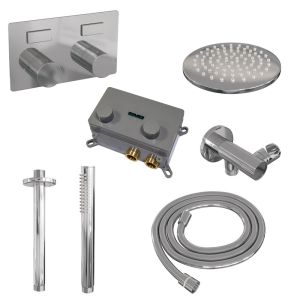 Brauer Carving 5-CE-188 thermostatic concealed rain shower with push buttons SET 53 with 20 cm shower head and ceiling arm and rod hand shower and shower hose and wall connector elbow chrome