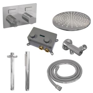 Brauer Carving 5-CE-189 thermostatic concealed rain shower with push buttons SET 54 with 30 cm shower head and ceiling arm and rod hand shower and shower hose and wall connection elbow chrome