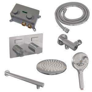 Brauer Carving 5-CE-190 thermostatic concealed rain shower with push buttons SET 55 with 20 cm shower head and straight wall arm and 3-position hand shower and shower hose and wall connector elbow chrome