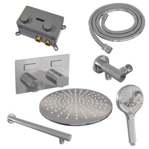 Brauer Carving 5-CE-191 thermostatic concealed rain shower with push buttons SET 56 with 30 cm shower head and straight wall arm and 3-position hand shower and shower hose and wall connection elbow chrome