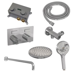 Brauer Carving 5-CE-192 thermostatic concealed rain shower with push buttons SET 57 with 20 cm shower head and curved wall arm and 3-position hand shower and shower hose and wall connector elbow chrome