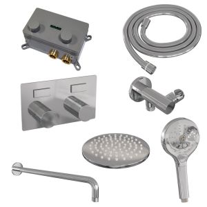 Brauer Carving 5-CE-192 thermostatische inbouw regendouche met drukknoppen SET 57 met 20 cm douchekop en gebogen muurarm en 3-standen handdouche en doucheslang en wandaansluitbocht chroom