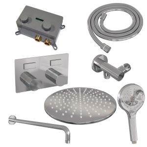 Brauer Carving 5-CE-193 thermostatic concealed rain shower with push buttons SET 58 with 30 cm shower head and curved wall arm and 3-position hand shower and shower hose and wall connection elbow chrome