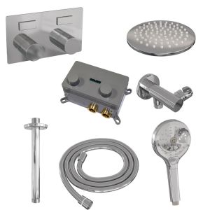 Brauer Carving 5-CE-194 thermostatische inbouw regendouche met drukknoppen SET 59 met 20 cm douchekop en plafondarm en 3-standen handdouche en doucheslang en wandaansluitbocht chroom