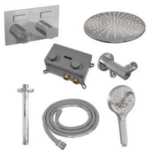Brauer Carving 5-CE-195 thermostatic concealed rain shower with push buttons SET 60 with 30 cm shower head and ceiling arm and 3-position hand shower and shower hose and wall connector elbow chrome