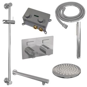 Brauer Carving 5-CE-196 thermostatic concealed rain shower with push buttons SET 61 with 20 cm shower head and straight wall arm and rod hand shower and shower hose and integrated sliding bar chrome