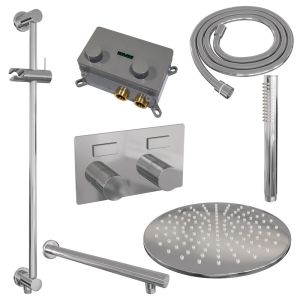 Brauer Carving 5-CE-197 thermostatic concealed rain shower with push buttons SET 62 with 30 cm shower head and straight wall arm and rod hand shower and shower hose and integrated sliding bar chrome