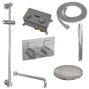 Brauer Carving 5-CE-198 thermostatic concealed rain shower with push buttons SET 63 with 20 cm shower head and curved wall arm and rod hand shower and shower hose and integrated sliding bar chrome