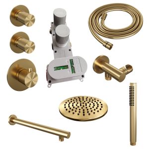 Brauer Carving 5-GG-097 thermostatic concealed rain shower SET 01 with 20 cm shower head and straight wall arm and rod hand shower and shower hose and wall connection elbow gold brushed PVD