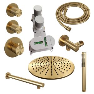 Brauer Carving 5-GG-098 thermostatic concealed rain shower SET 02 with 30 cm shower head and straight wall arm and rod hand shower and shower hose and wall connection elbow gold brushed PVD