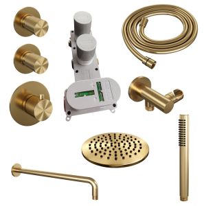 Brauer Carving 5-GG-099 thermostatic concealed rain shower SET 03 with 20 cm shower head and curved wall arm and rod hand shower and shower hose and wall connector elbow gold brushed PVD