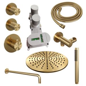 Brauer Carving 5-GG-100 thermostatic concealed rain shower SET 04 with 30 cm shower head and curved wall arm and rod hand shower and shower hose and wall connection elbow gold brushed PVD