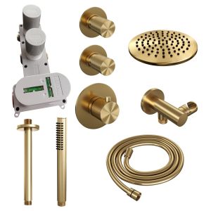Brauer Carving 5-GG-101 thermostatic concealed rain shower SET 05 with 20 cm shower head and ceiling arm and rod hand shower and shower hose and wall connection elbow gold brushed PVD