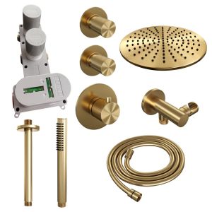 Brauer Carving 5-GG-102 thermostatic concealed rain shower SET 06 with 30 cm shower head and ceiling arm and rod hand shower and shower hose and wall connection elbow gold brushed PVD