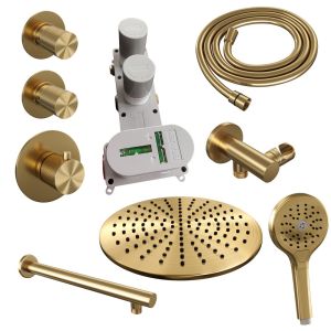 Brauer Carving 5-GG-104 thermostatic concealed rain shower SET 08 with 30 cm shower head and straight wall arm and 3-position hand shower and shower hose and wall connection elbow gold brushed PVD