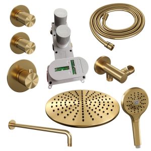 Brauer Carving 5-GG-106 thermostatic concealed rain shower SET 10 with 30 cm shower head and curved wall arm and 3-position hand shower and shower hose and wall connection elbow gold brushed PVD