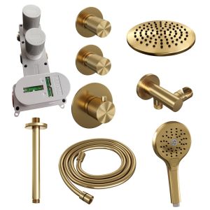 Brauer Carving 5-GG-107 thermostatic concealed rain shower SET 11 with 20 cm shower head and ceiling arm and 3-position hand shower and shower hose and wall connection elbow gold brushed PVD