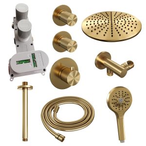 Brauer Carving 5-GG-108 thermostatic concealed rain shower SET 12 with 30 cm shower head and ceiling arm and 3-position hand shower and shower hose and wall connection elbow gold brushed PVD